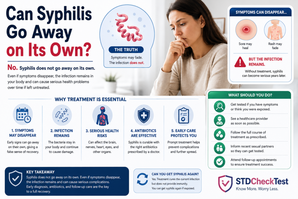 Medical infographic explaining that syphilis does not go away on its own, symptoms may disappear while the infection remains, and early antibiotic treatment is essential to prevent serious complications.