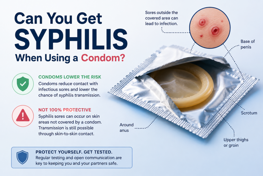 Infographic explaining that condoms reduce the risk of syphilis but cannot completely prevent transmission if infectious sores are outside the covered area.