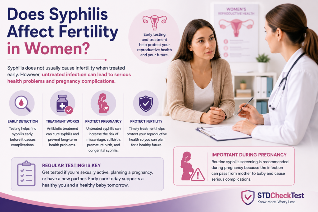 Illustration of a woman consulting a healthcare provider about fertility and syphilis, highlighting the importance of early testing and treatment before pregnancy.