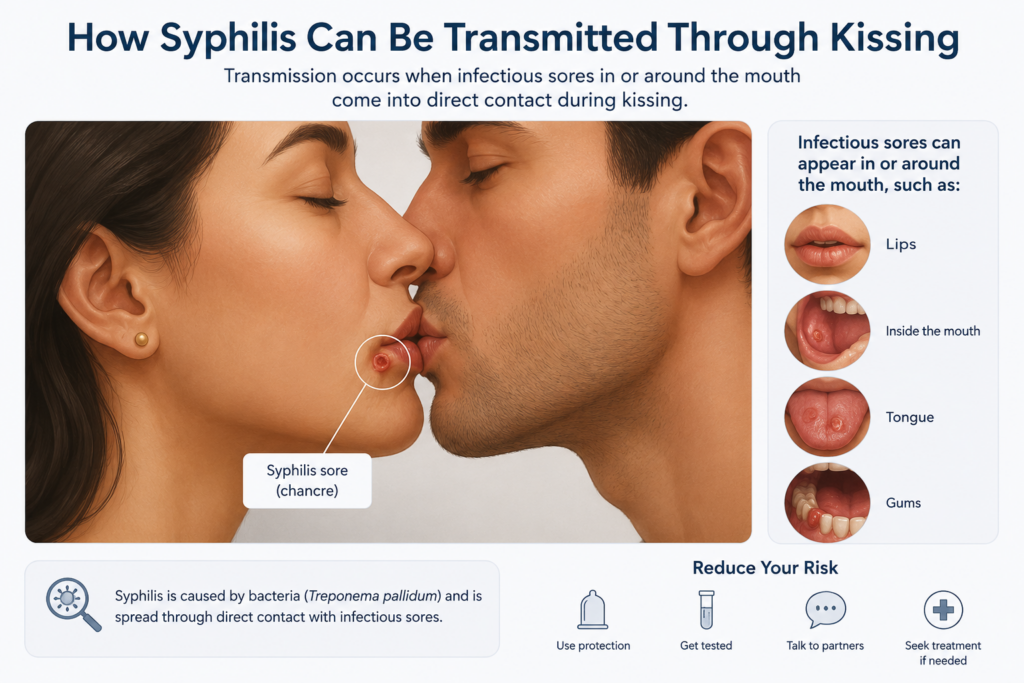 Illustration showing possible syphilis transmission through kissing when infectious mouth sores are present.