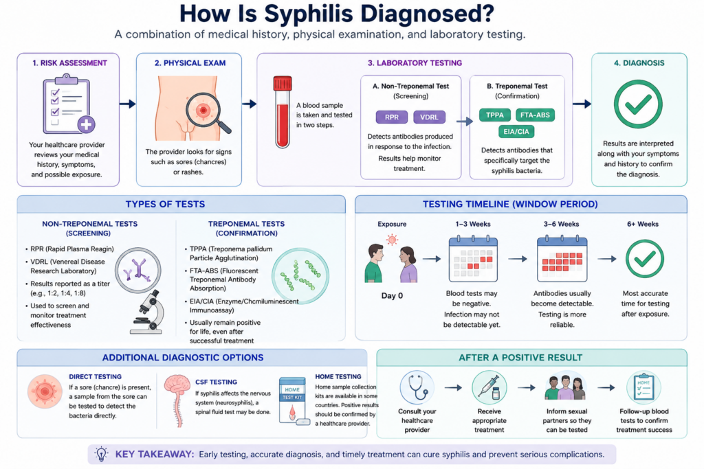 Infographic showing how syphilis is diagnosed, including blood tests, physical examination, testing timeline, and diagnosis process.