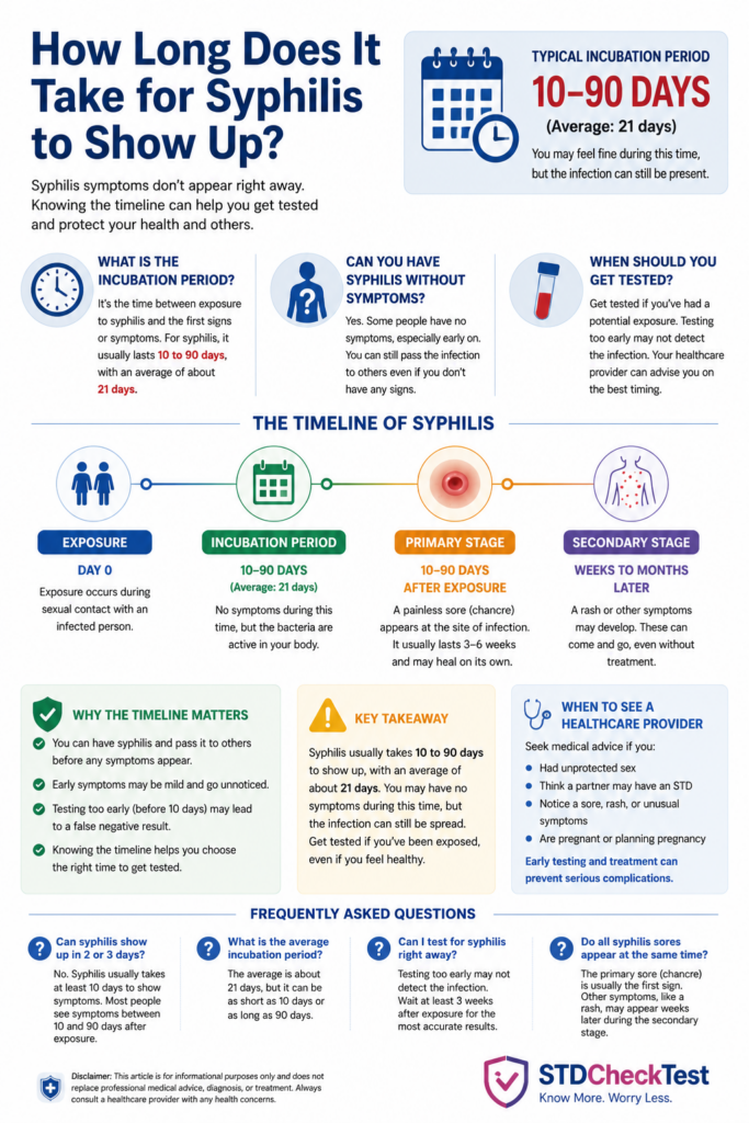 Medical infographic showing the typical syphilis incubation period of 10 to 90 days, when symptoms may appear after exposure, and guidance on when to get tested.